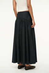 Black midi skirt with gathered waist and pleated panels