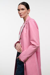 Pink leather coat close-up of shoulder and sleeve with gold-tone button details