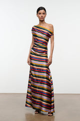 Striped silk one-shoulder maxi dress with fitted bodice and flowing skirt