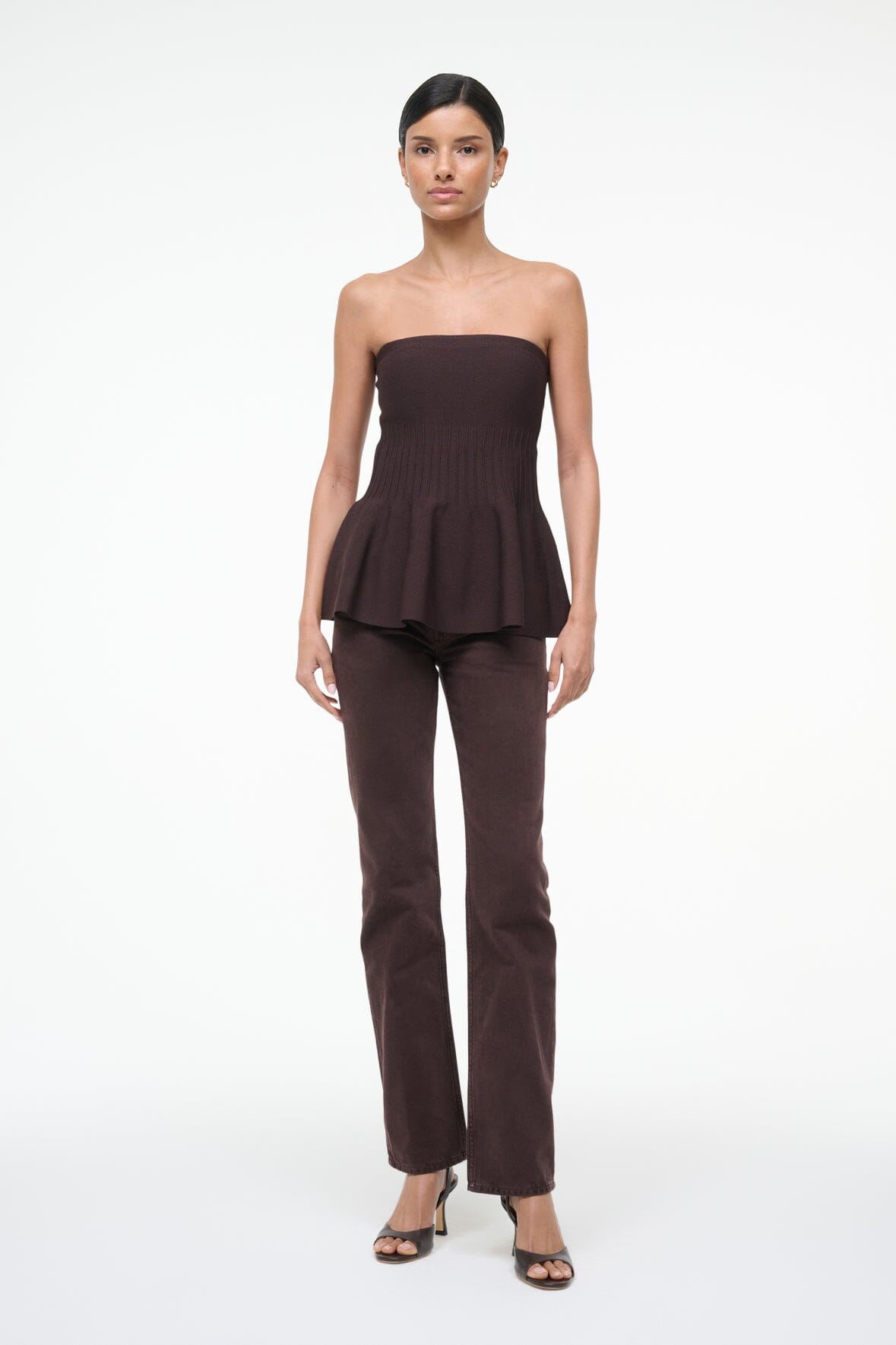 EVIE bandeau top with smocked bodice and layered peplum hem, dark brown