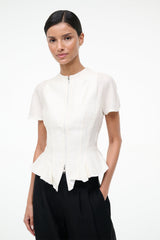 Ivory peplum zip-front top with short sleeves and pointed flared hem