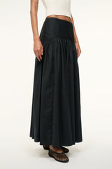 Black midi skirt with elastic waistband and flowing gathered pleats