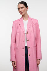Pink leather coat with notch lapels and gold-tone button front