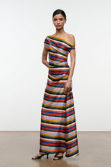 Striped silk maxi dress with off-shoulder drape, fitted waist, ankle-length hem