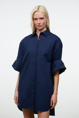 Navy shirt dress with collar, button front, and short wide sleeves