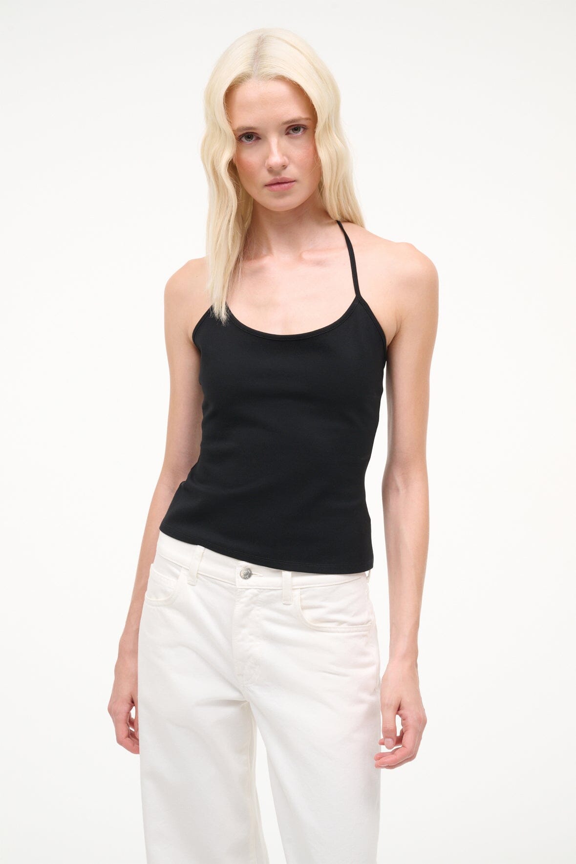 Black spaghetti-strap fitted tank top with scoop neckline