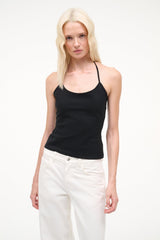 Black spaghetti-strap fitted tank top with scoop neckline