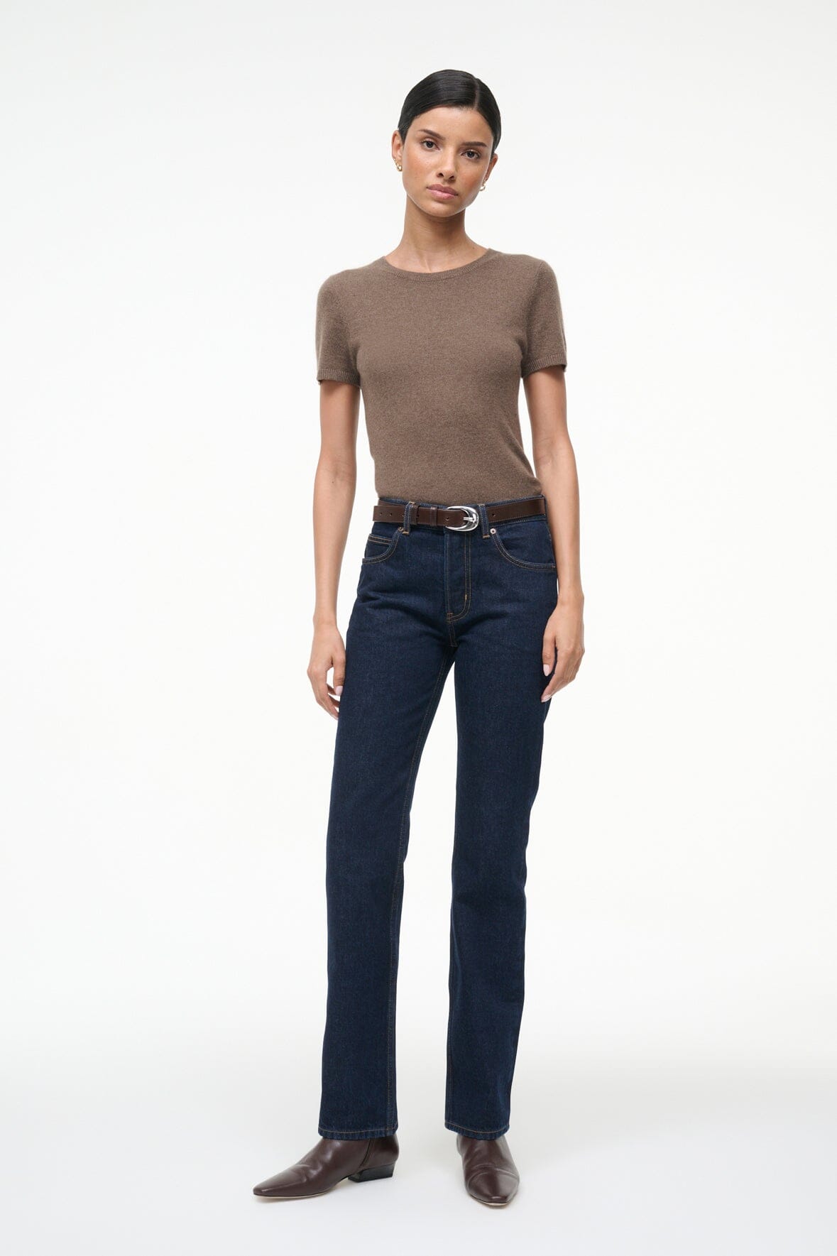 Truffle brown cashmere tee with crew neck and short sleeves, full-body front.