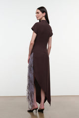 Asymmetrical midi dress in dark brown with high neck, short sleeves, and lilac-toned fringe
