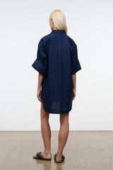 Back view of navy shirt dress with collar and short wide sleeves