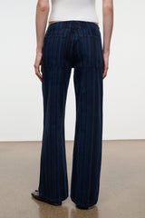 Women's dark navy striped wide-leg jeans with pull-on waistband and full-length straight legs
