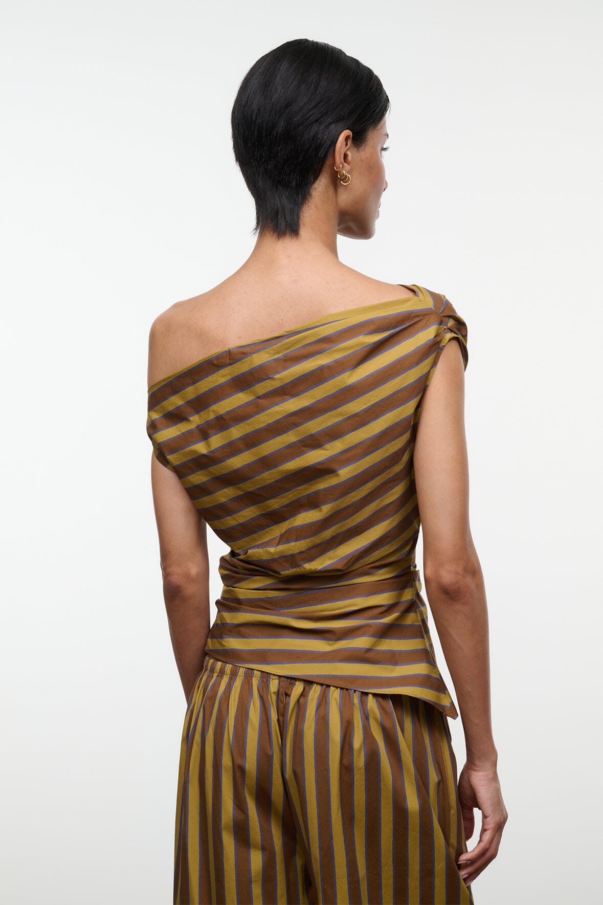 PHARE one-shoulder striped top with draped back and tied shoulder detail