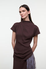 Draped high-neck midi dress in dark brown with short sleeves and layered lilac-toned fringe