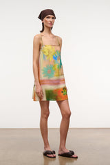 Multicolor floral linen mini dress with thin spaghetti straps and straight above-knee hem