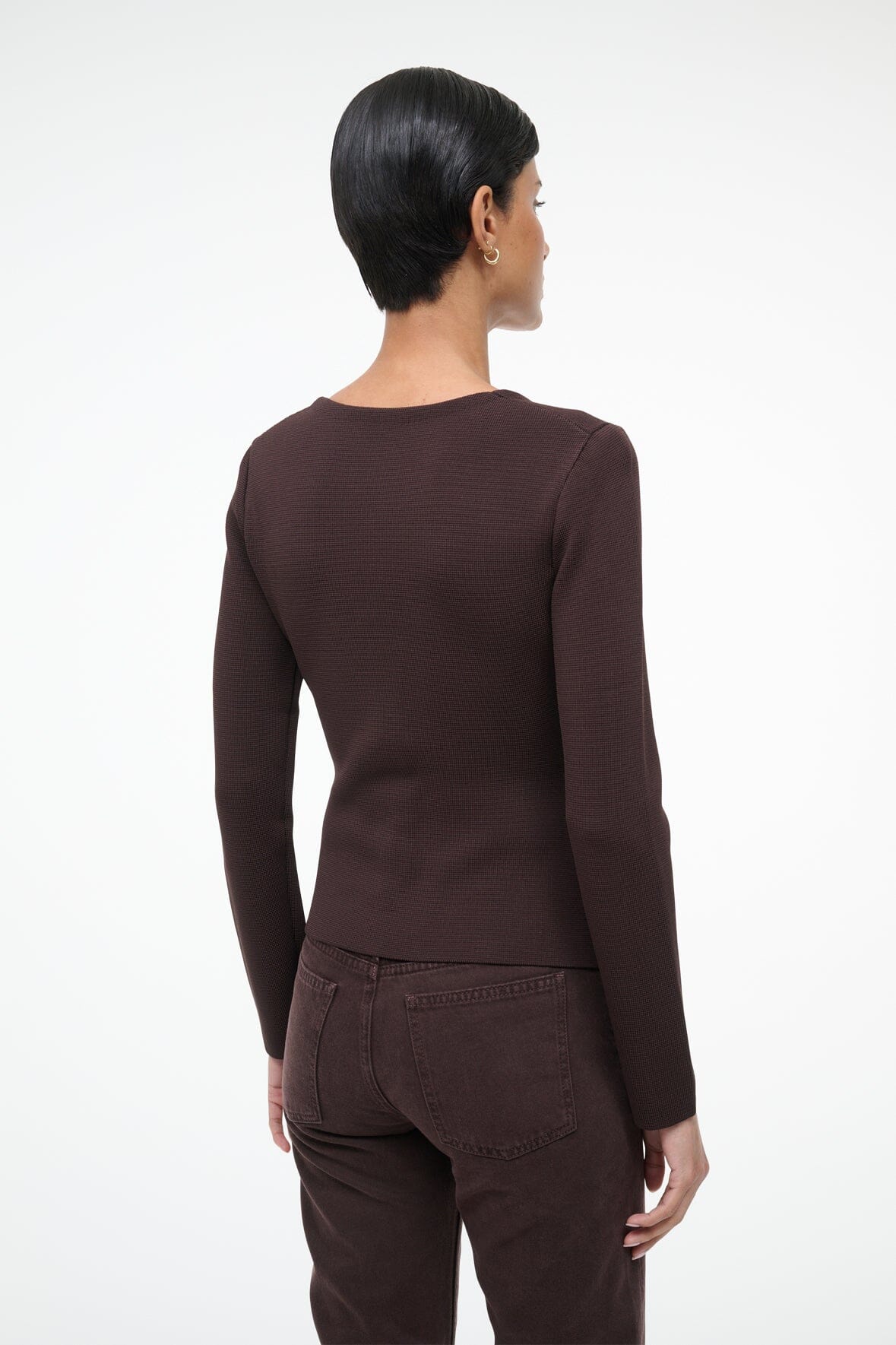 Dark brown long-sleeve top with square back and fitted waist