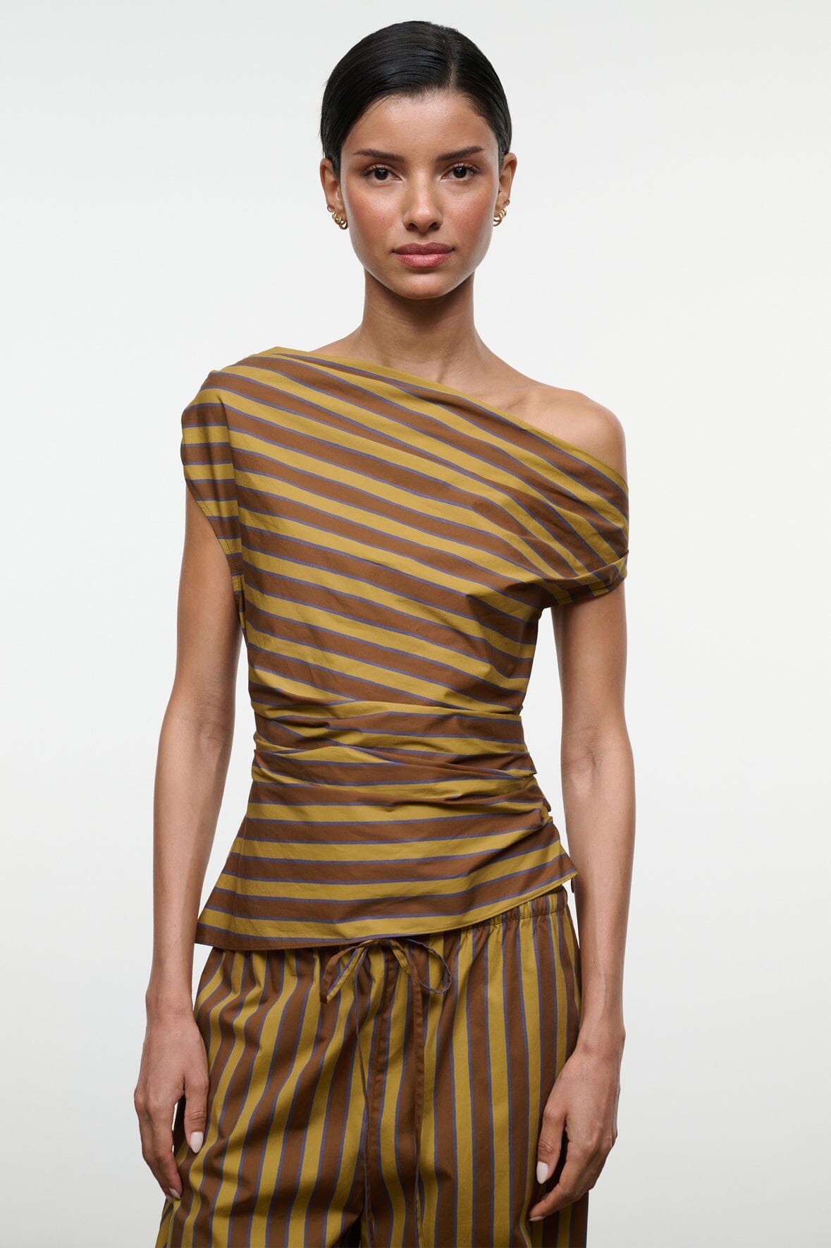 PHARE striped one-shoulder top with gathered waist and draped neckline
