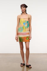 Front view multicolor floral linen mini dress with thin straps and above-knee length