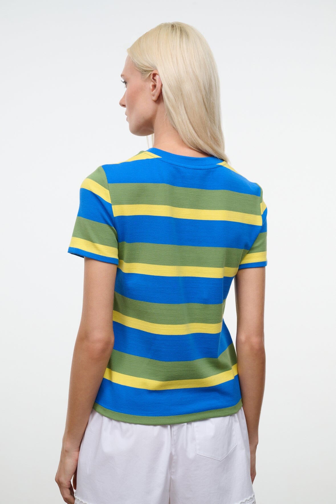 Back view of striped crew-neck tee with blue, green, and yellow horizontal bands