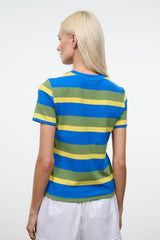 Back view of striped crew-neck tee with blue, green, and yellow horizontal bands