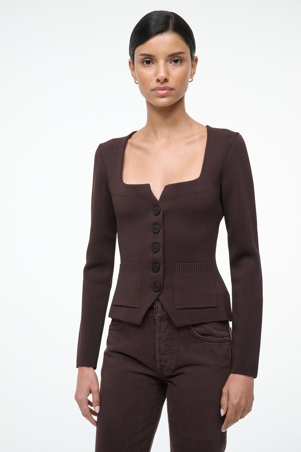 Dark brown long-sleeve square-neck top with button front and layered waist flap pockets
