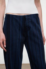 Women's dark navy striped wide-leg jeans, back view with smooth waistband and vertical stripes