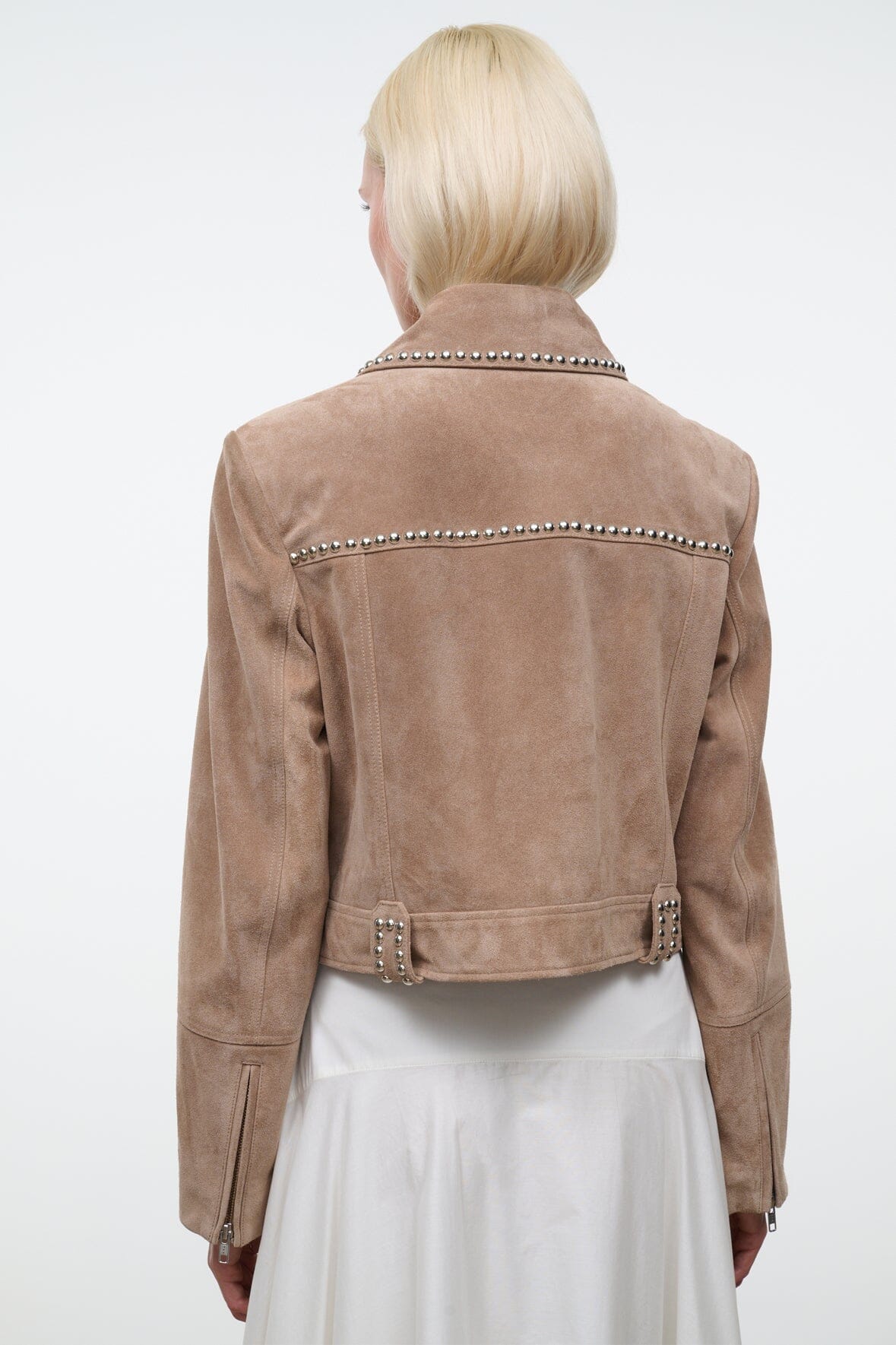 HUGO suede jacket, dune brown; studded back yoke, flap pocket, cropped length.