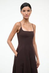 JOY maxi dress dark brown close-up: square neckline, thin straps, fitted pleated bodice