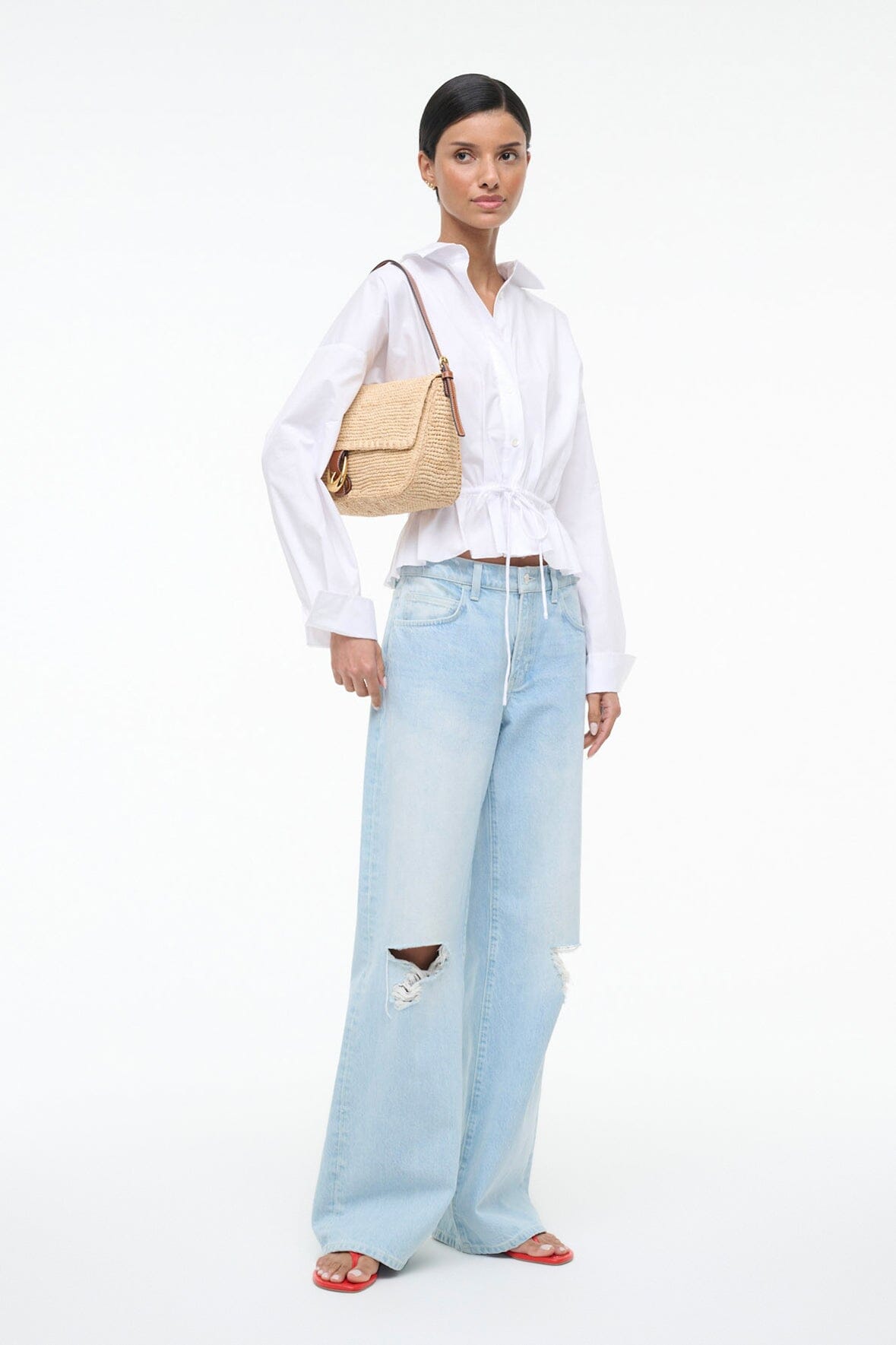White PRIMROSE long-sleeve button-up shirt with pointed collar and open front