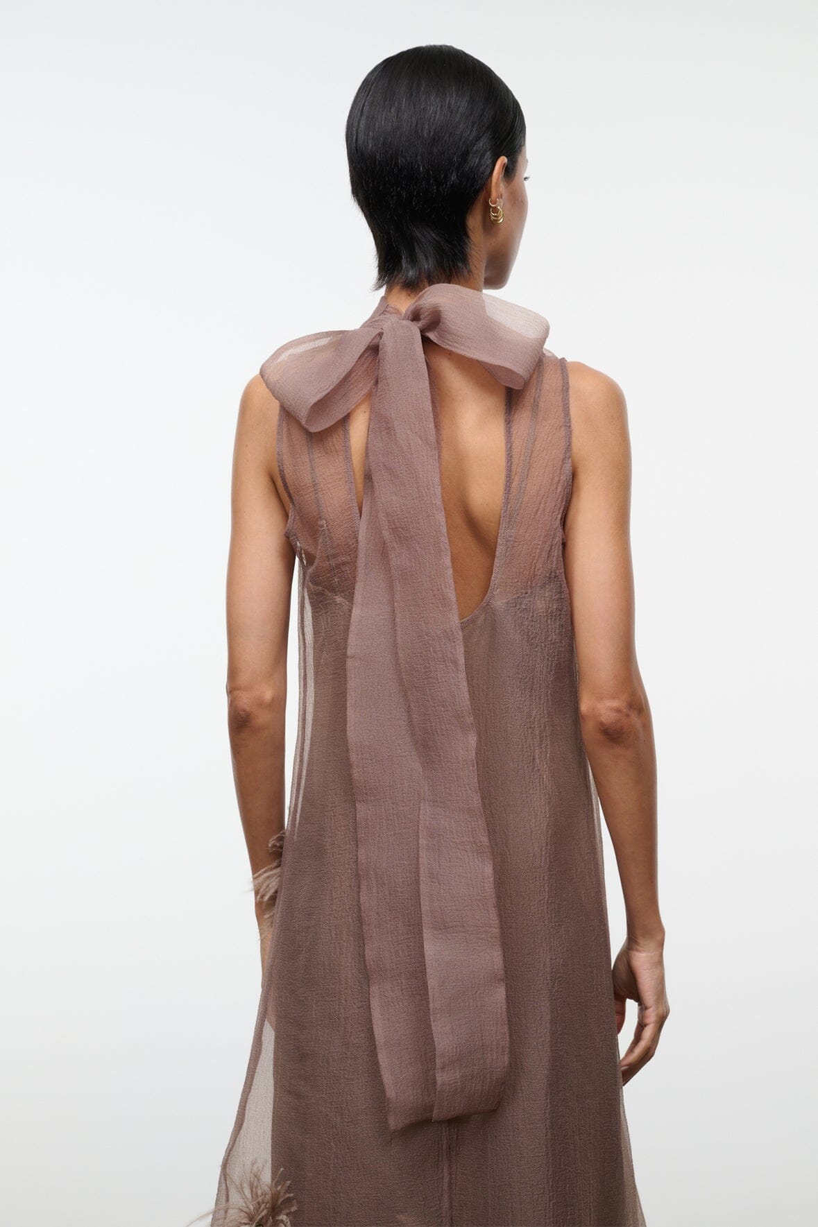 Taupe maxi dress with open back and neck tie detail