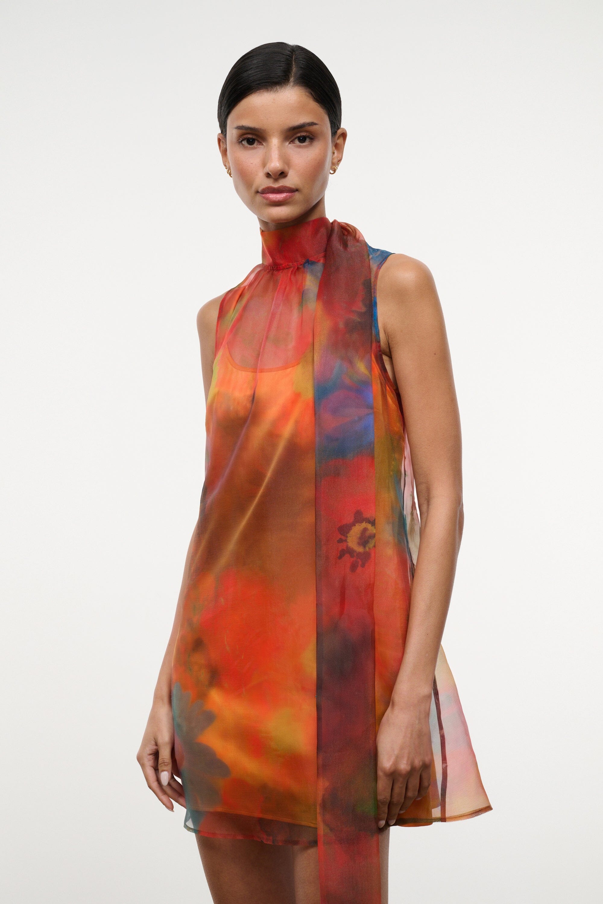 Front view of multi-color sheer mini dress with high neck and sleeveless cut