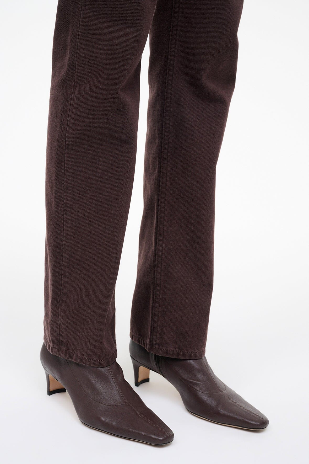 Espresso dark brown sock ankle boots with almond toe and slim block heel