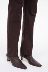 Espresso dark brown sock ankle boots with almond toe and slim block heel