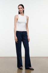 Women's dark navy striped wide-leg jeans, full-body view with pull-on waistband and long legs