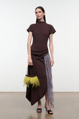 High-neck midi dress in dark brown with short sleeves, draped knot waist, and fringe overlay