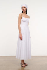 White spaghetti-strap midi-to-maxi dress with gathered neckline