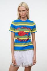 Striped crew-neck tee with blue, green, and yellow bands and red fish graphic