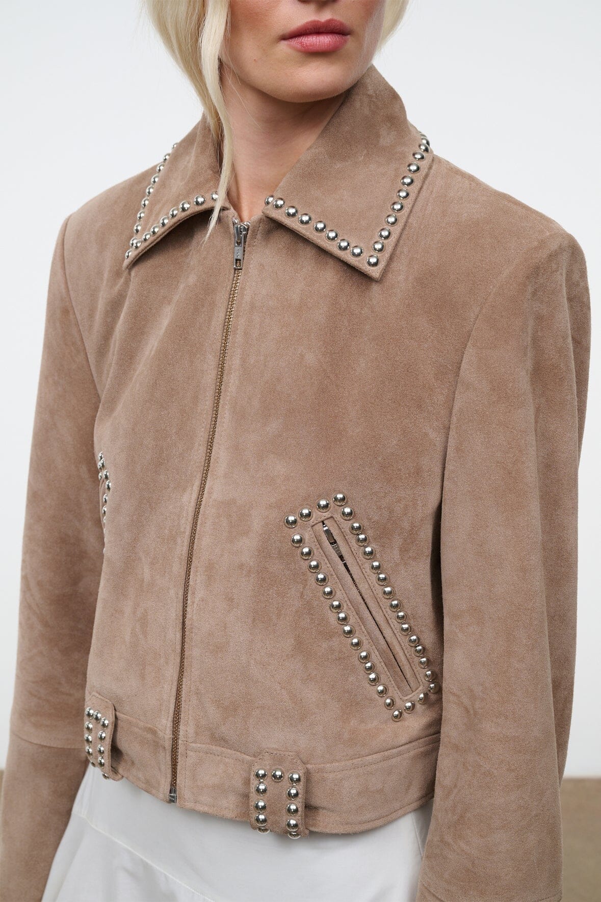 HUGO suede jacket, dune brown; studded turn-down collar and zip-front with stud panel.