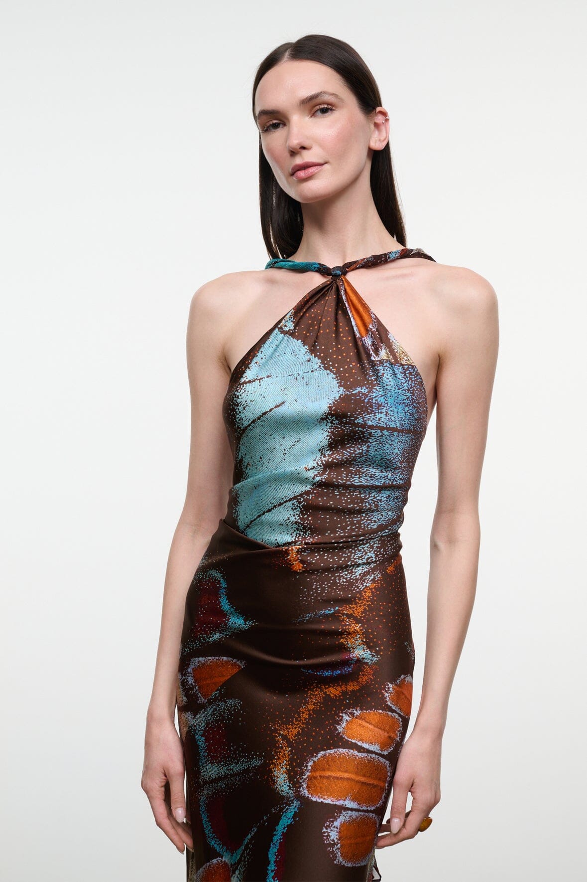Silk halter dress with multicolor abstract butterfly pattern, ruched bodice, sleeveless