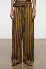 Wide-leg striped pants with drawstring waist, vertical brown and teal stripes