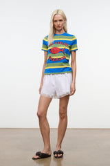 Striped crew-neck tee in blue, green, and yellow with red fish graphic