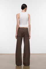 Relaxed dark brown corduroy jeans, wide leg, back view with two patch pockets