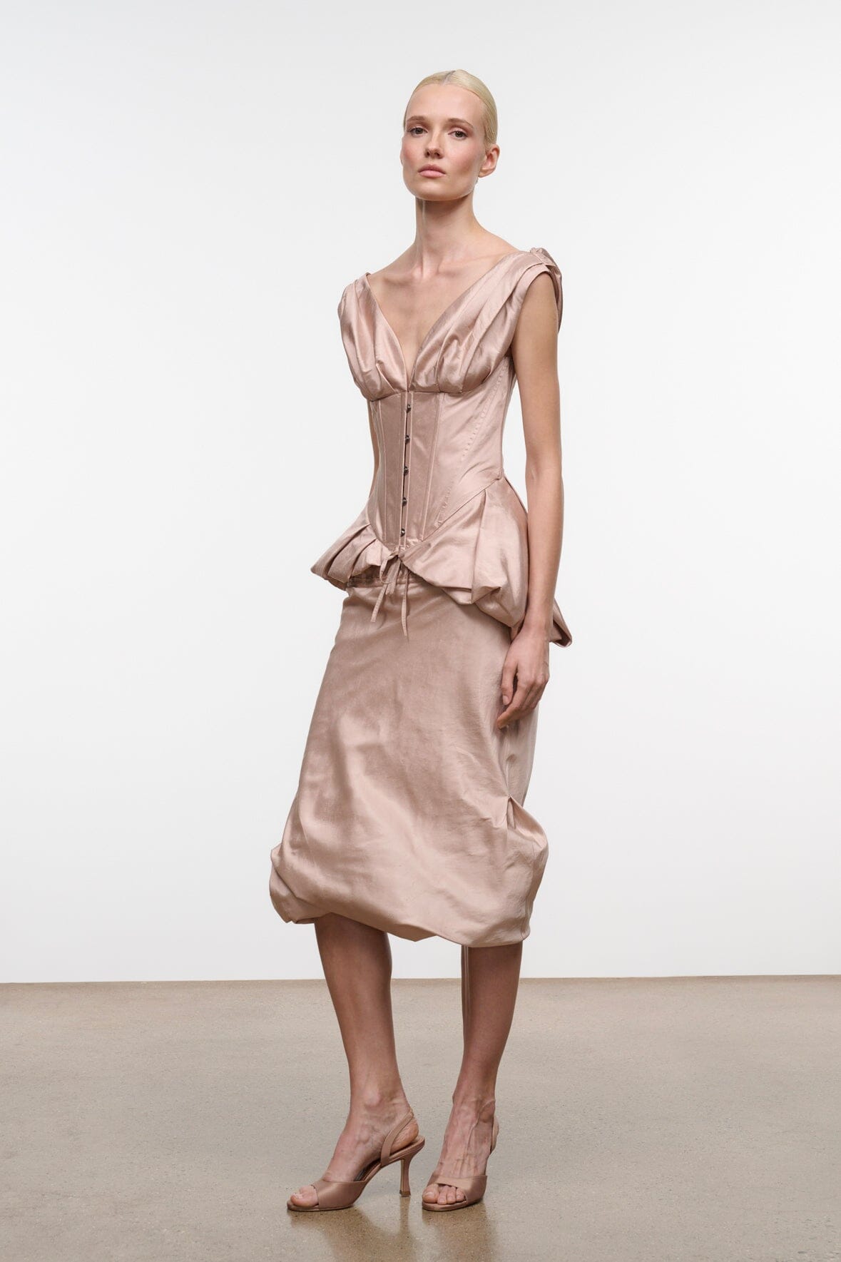 Cashew satin midi dress with gathered drape and cashew strappy heeled sandals