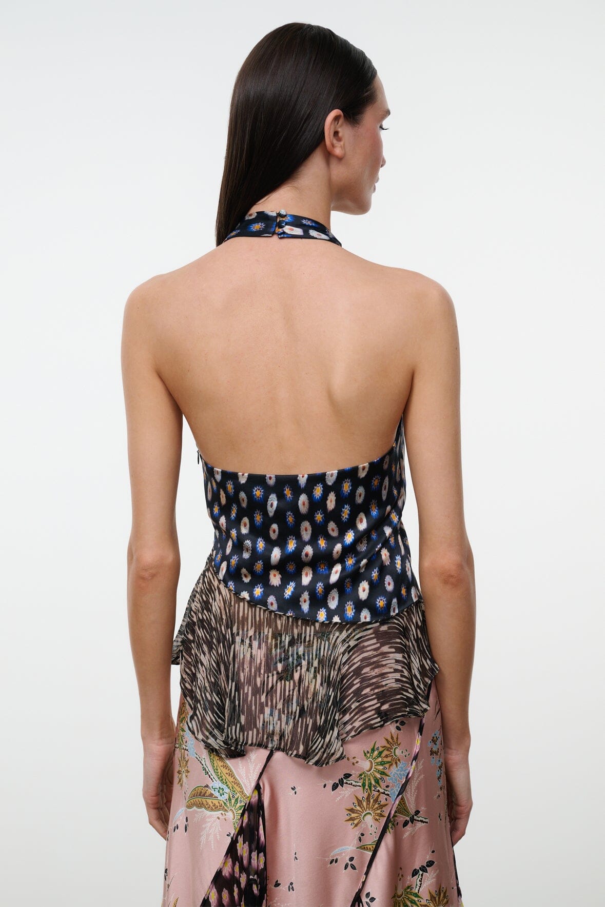 MAEVA silk halter top with navy multicolor print and tiered fringe hem (back view)