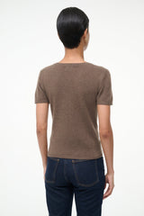 Truffle brown cashmere tee with crew neck and short sleeves, back view.