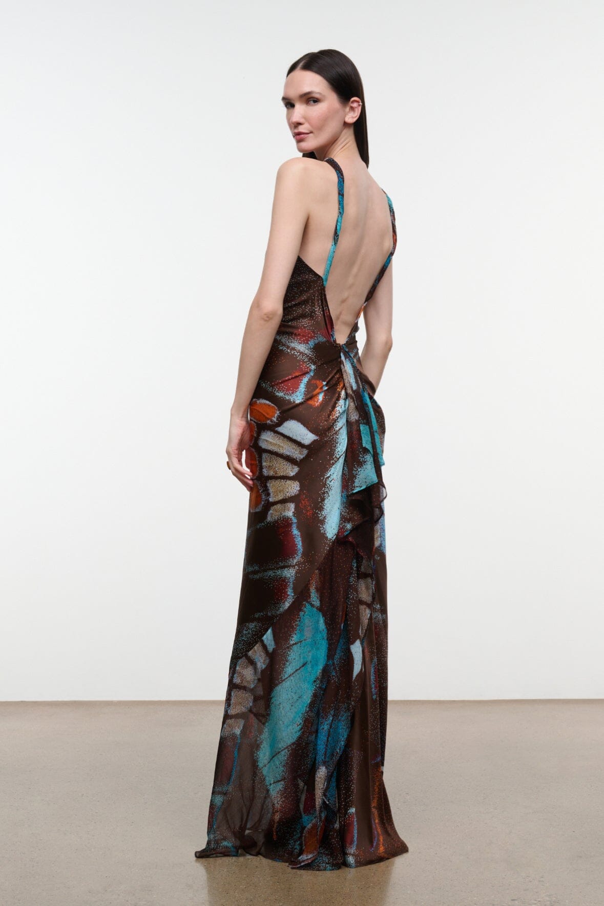 Silk halter maxi dress in multicolor abstract butterfly print, open back, sleeveless