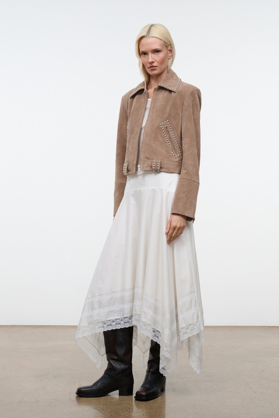 HUGO suede jacket, dune brown; studded pointed collar and zip-front, short hem.