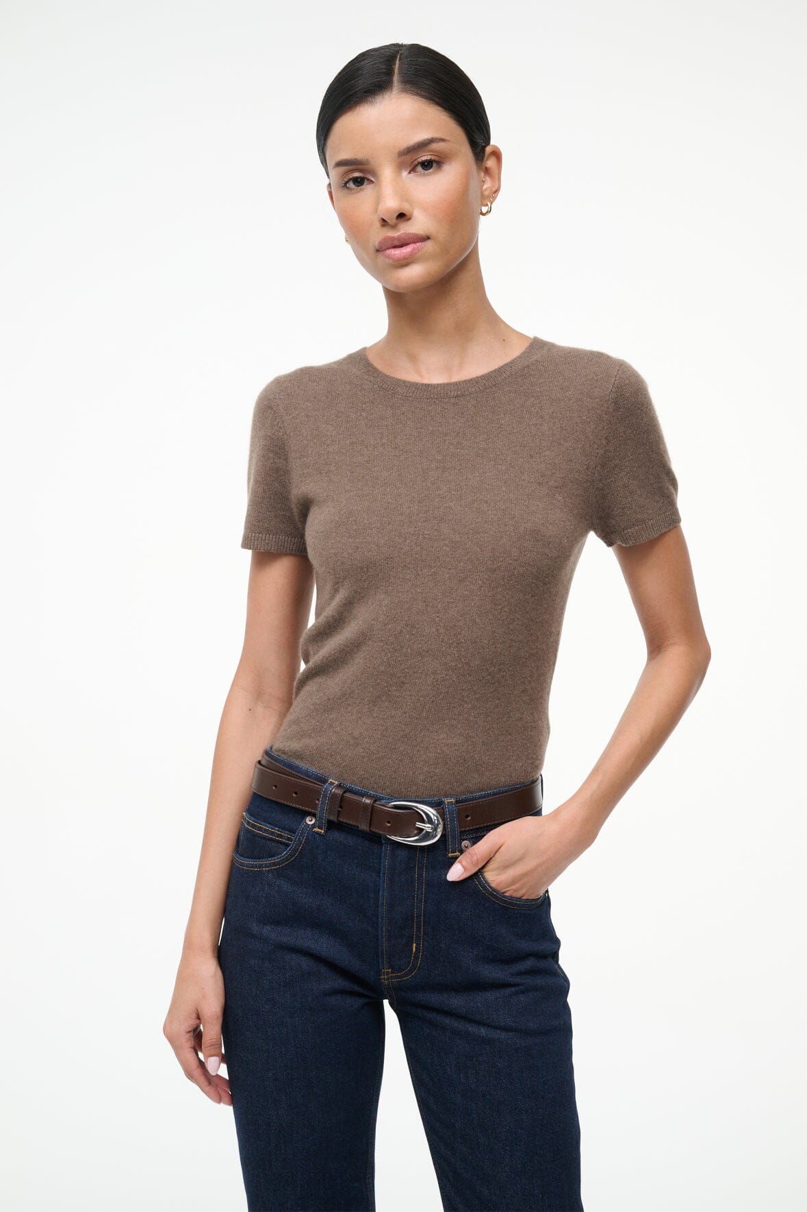 Truffle brown cashmere tee with crew neck and short sleeves, front view.