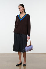 NORMAN dark V-neck sweater with teal-blue edging, ribbed cuffs and hem