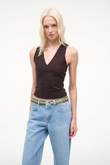 Sleeveless V-neck tank top in dark brown, fitted cut