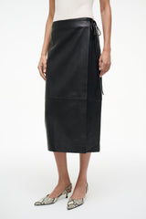 Black leather wrap midi skirt with tied wrap detail at waist
